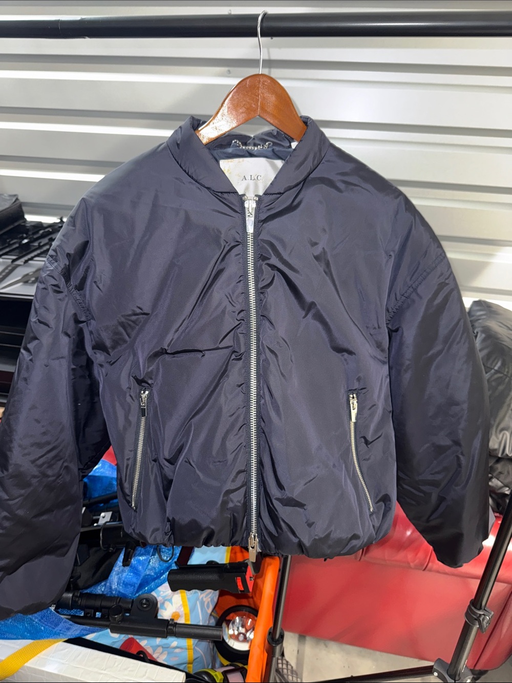 A.L.C. Navy Black Nylon Bomber Jacket